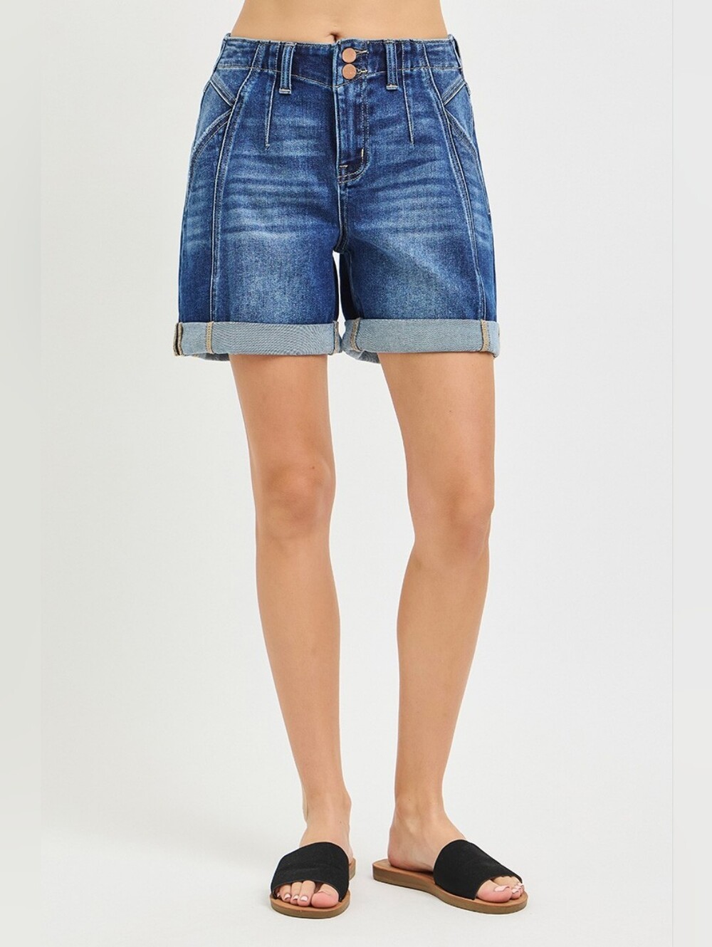 RISEN Dark Wash Double Button Denim Shorts Roll Up Midi Side Seam S M L XL NEW - Picture 6 of 7